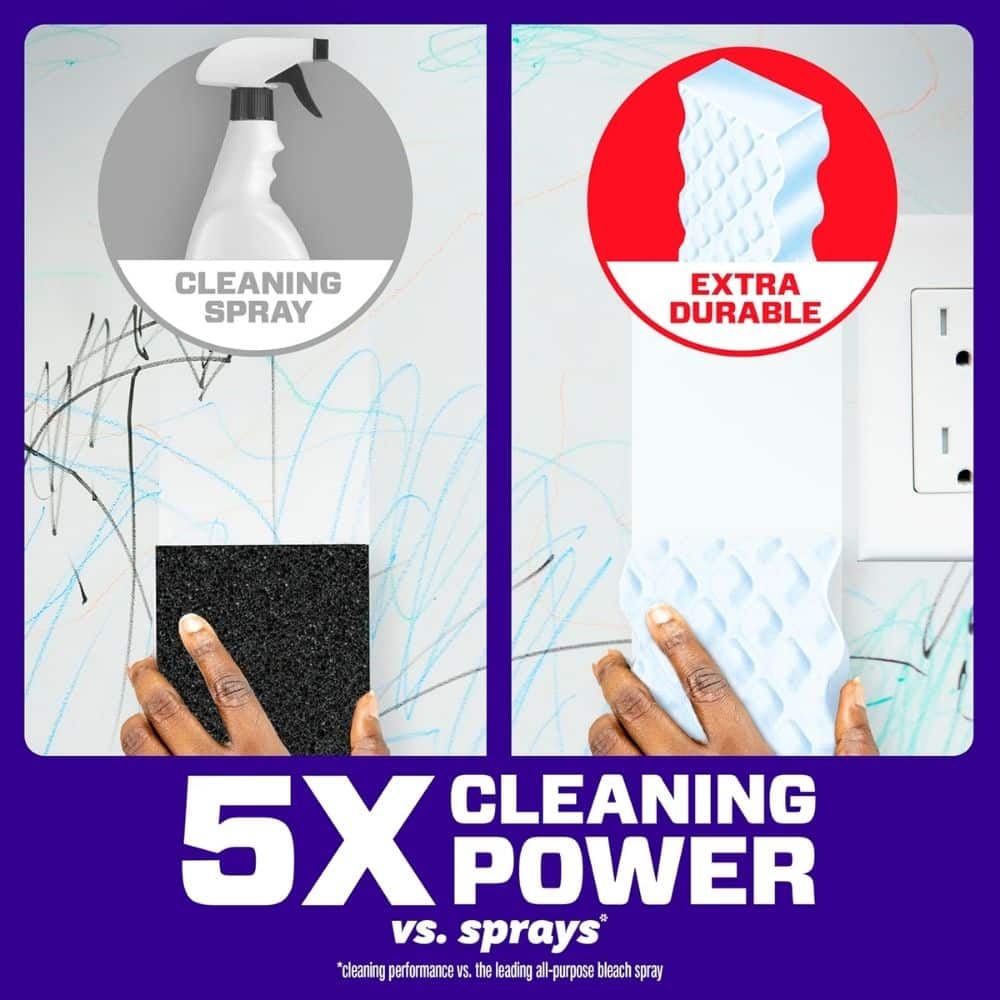 Side-by-side cleaning test: left shows a spray bottle labeled 'Cleaning Spray', right shows a textured wipe labeled 'Extra Durable' near an outlet; caption reads '5X Cleaning Power vs. sprays'.
