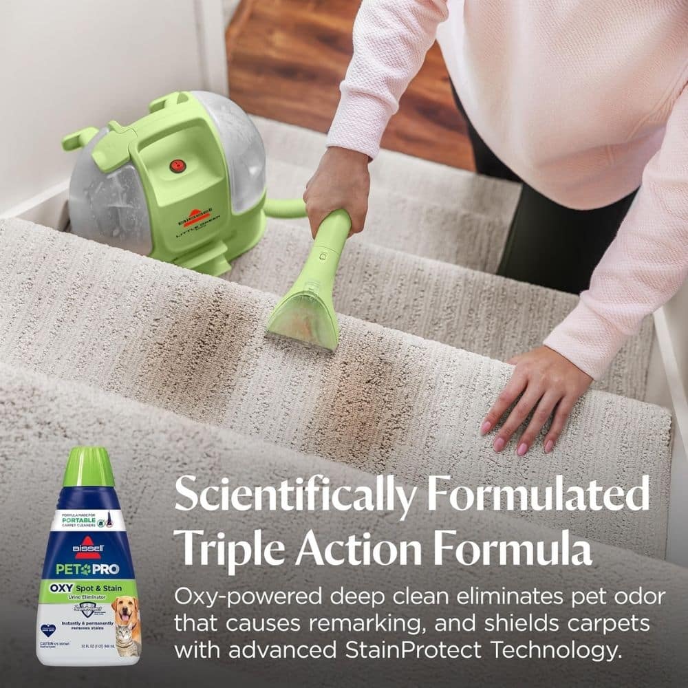 Person using a lime-green carpet-cleaning wand on stairs; bottle of Pet Pro OXY cleaner visible; ad text about odor elimination and stain protection.