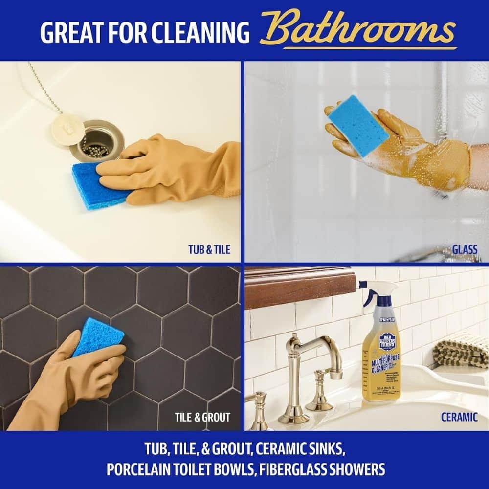 Four-panel bathroom cleaning infographic: tub & tile, glass, tile & grout, and ceramic sinks being scrubbed with blue sponges, gloved hands visible.