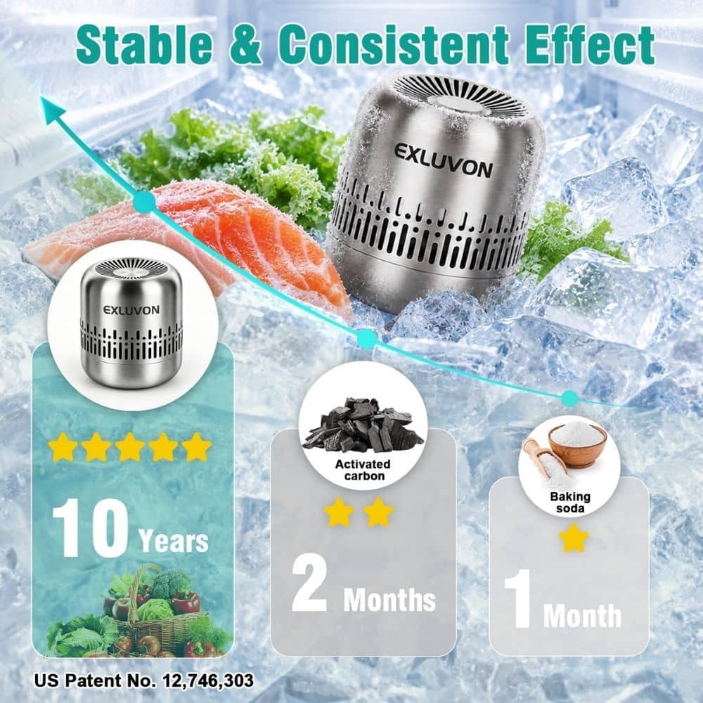 Infographic for Exluvon showing a silver device with '10 Years' and five stars on the left, a middle panel labeled '2 Months' with activated carbon, and a right panel labeled '1 Month' with baking soda, all set against an icy background with a curved teal line connecting elements.