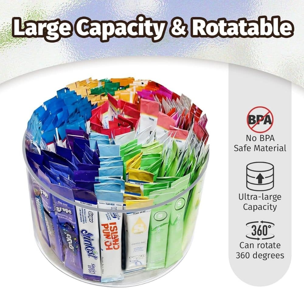 Round glass container overflowing with rainbow-colored, individually wrapped packets, suggesting high capacity and a 360° rotatable display.