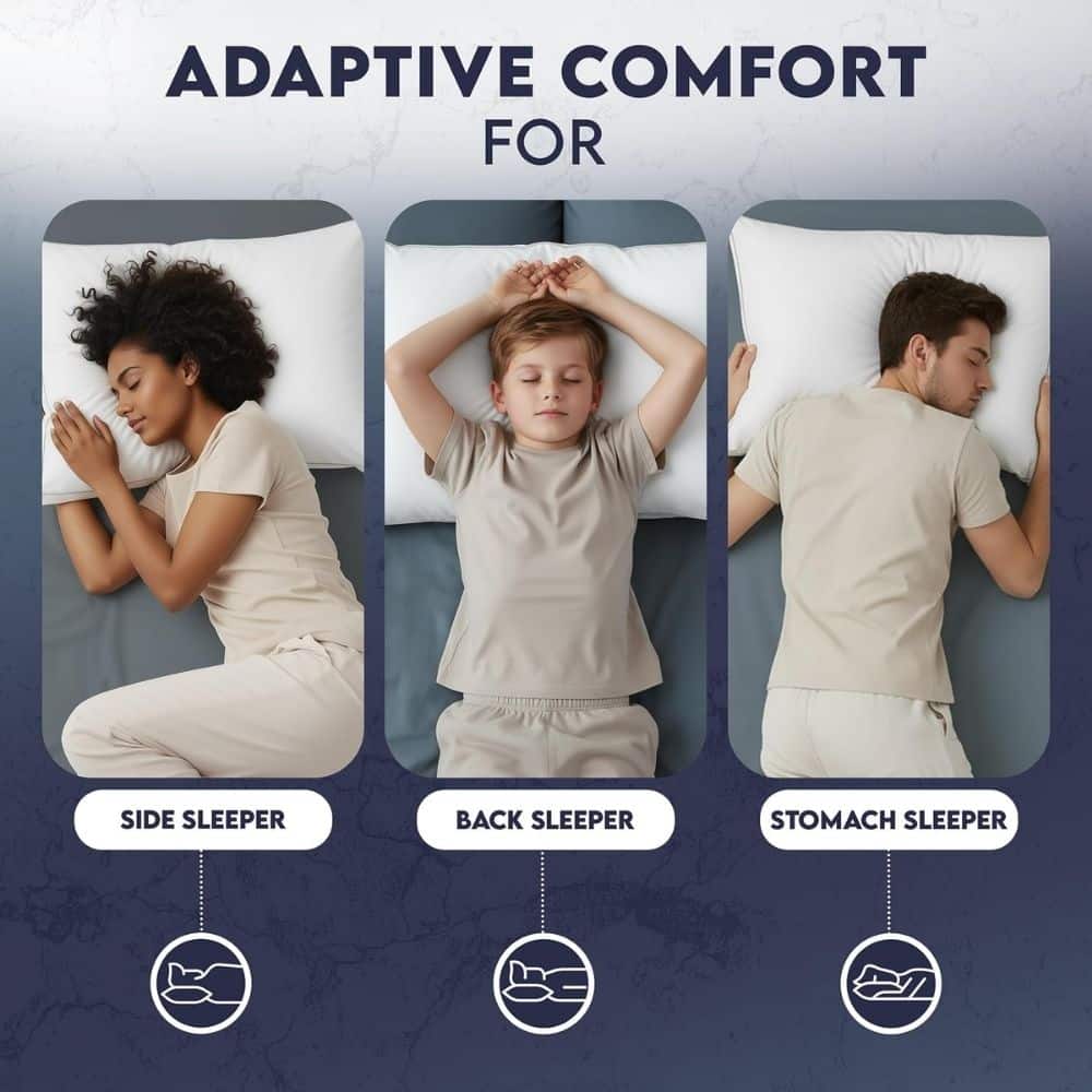 infographic showing three people sleeping in different positions: side sleeper, back sleeper, and stomach sleeper, under a title 'Adaptive Comfort'