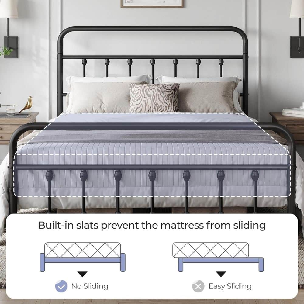 Metal bed frame with mattress; overlay diagram explains built-in slats that prevent sliding, showing No Sliding versus Easy Sliding
