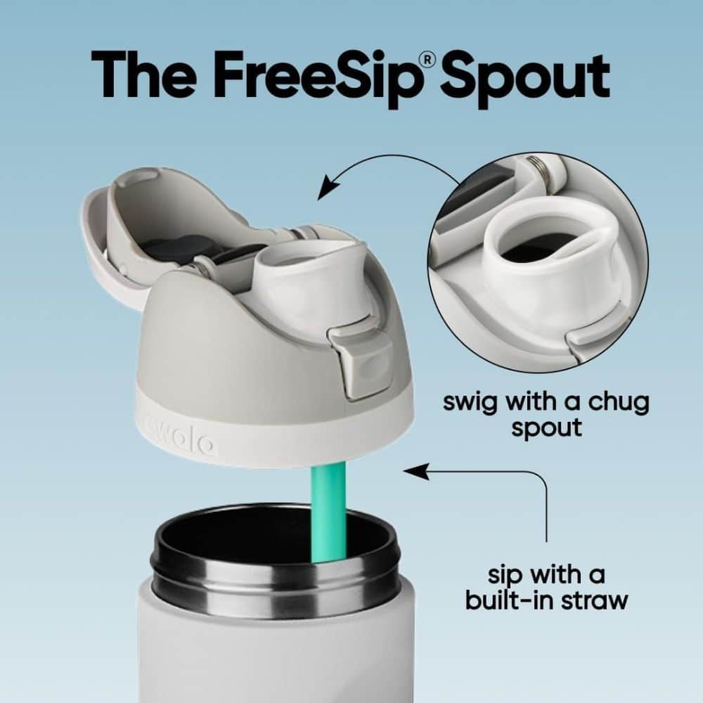 The FreeSip Spout bottle showing a detachable spout with built-in straw and sip feature for easier drinking (promo image).