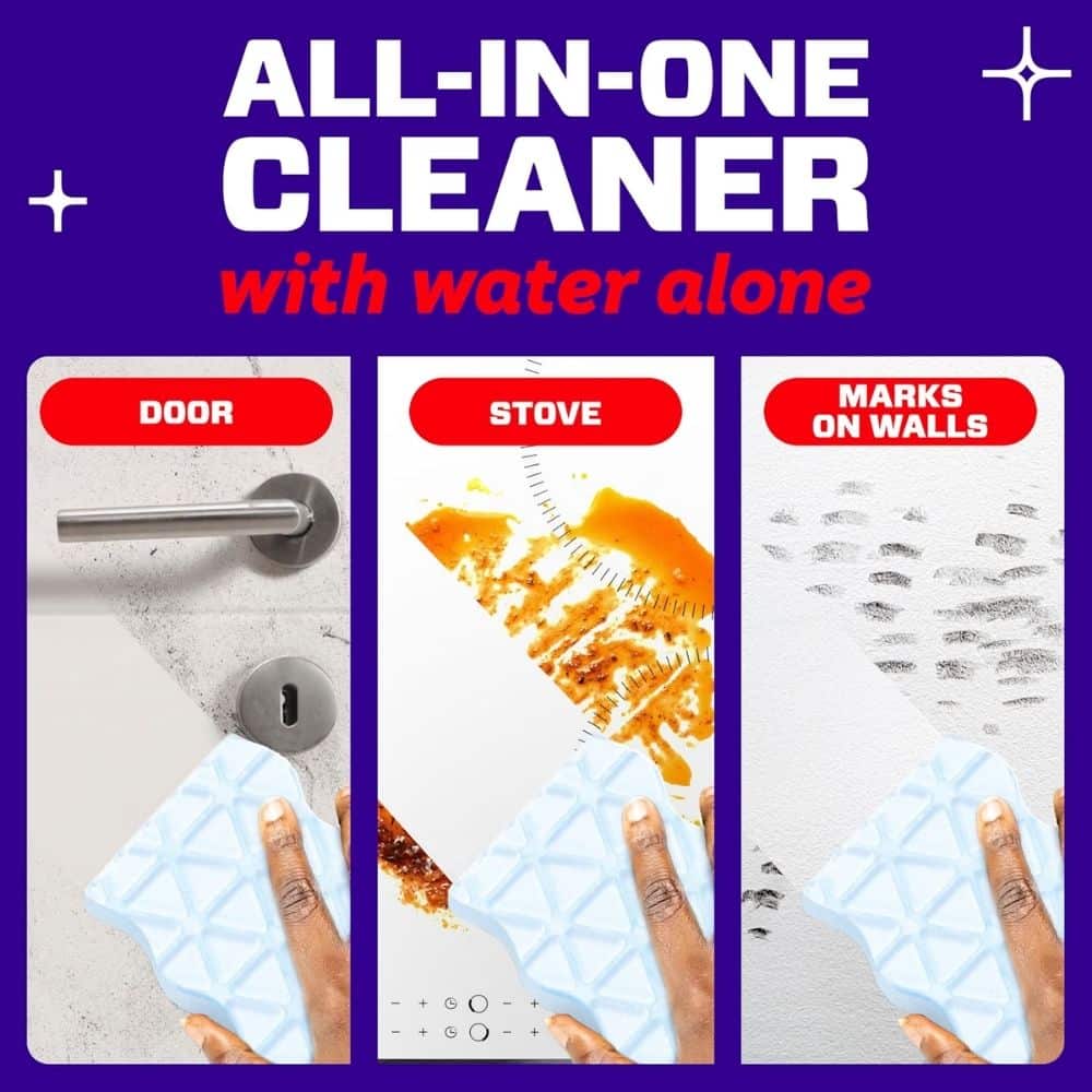 Advertisement showing 'All-in-One Cleaner with water alone' with three panels cleaning a door handle, stove grease, and wall marks, hands with a blue cloth