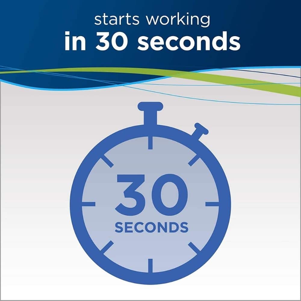 Blue stopwatch graphic with '30 SECONDS' and the heading 'starts working in 30 seconds' indicating a quick-start claim.