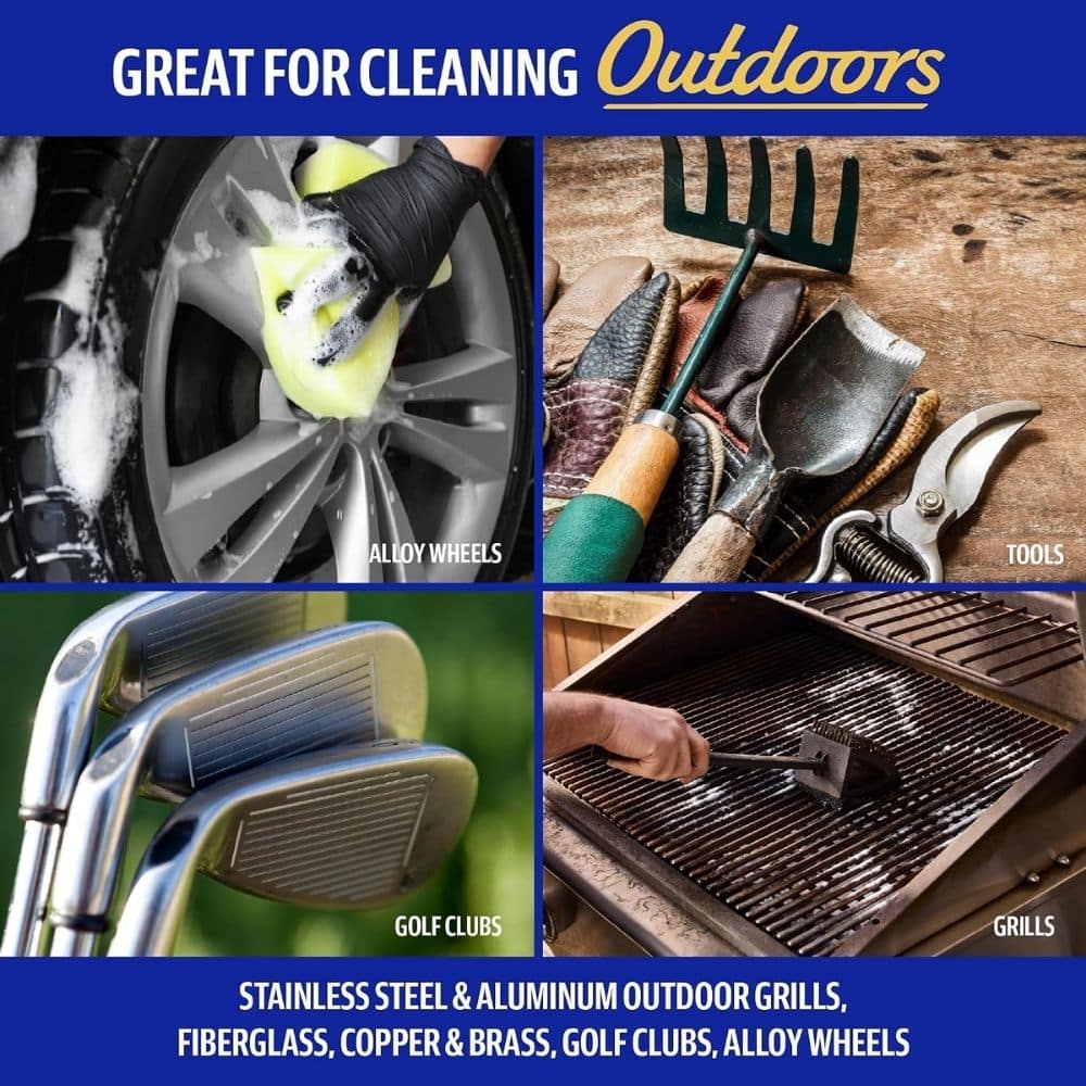 Collage advertising outdoor cleaning: washing alloy wheels, tools, golf clubs, and grill grates; blue banner reads 'Great for Cleaning Outdoors' with a caption listing materials.