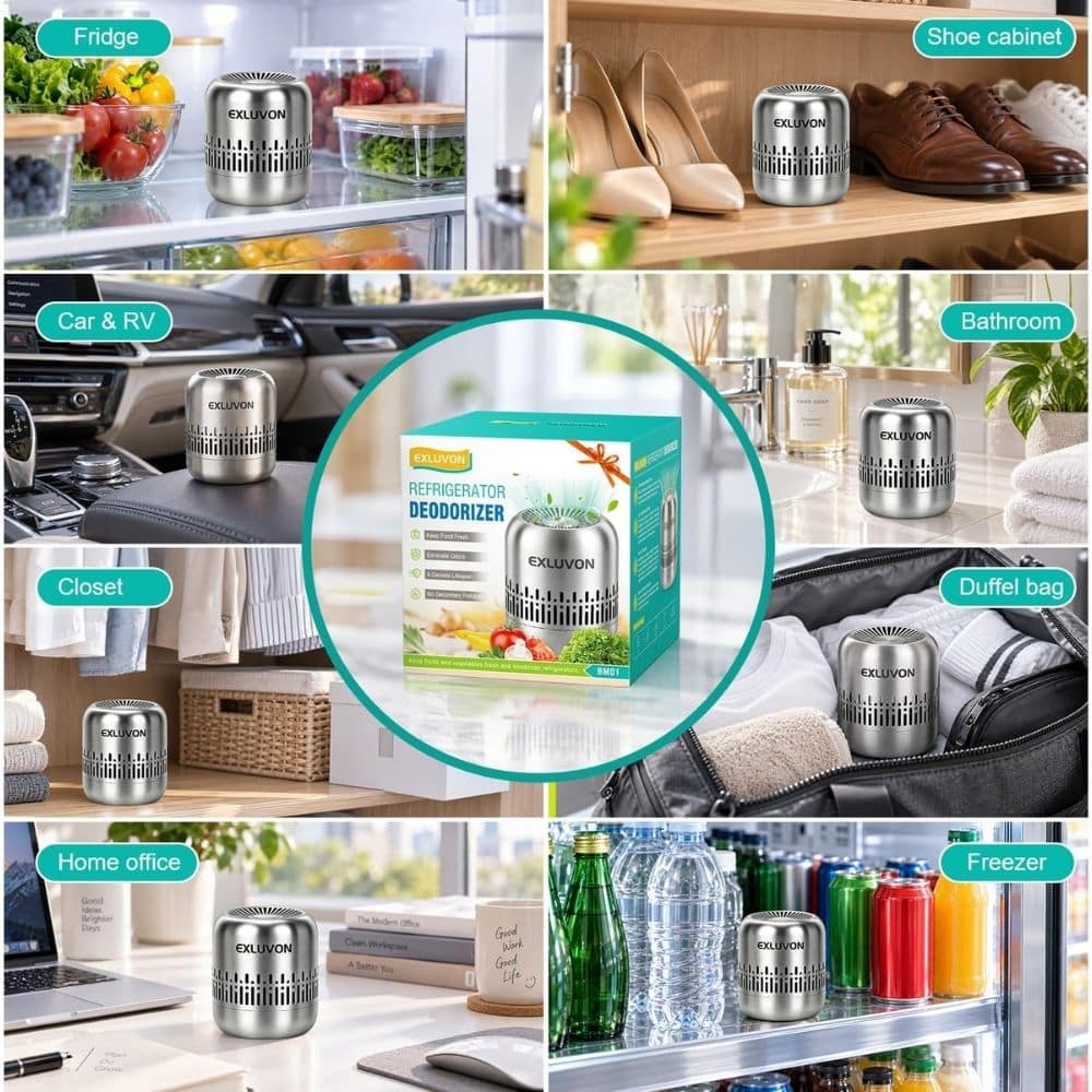 Silver deodorizer shown in multiple home settings (fridge, shoe cabinet, car, bathroom, closet, bag, office, freezer) with the product box in the center.