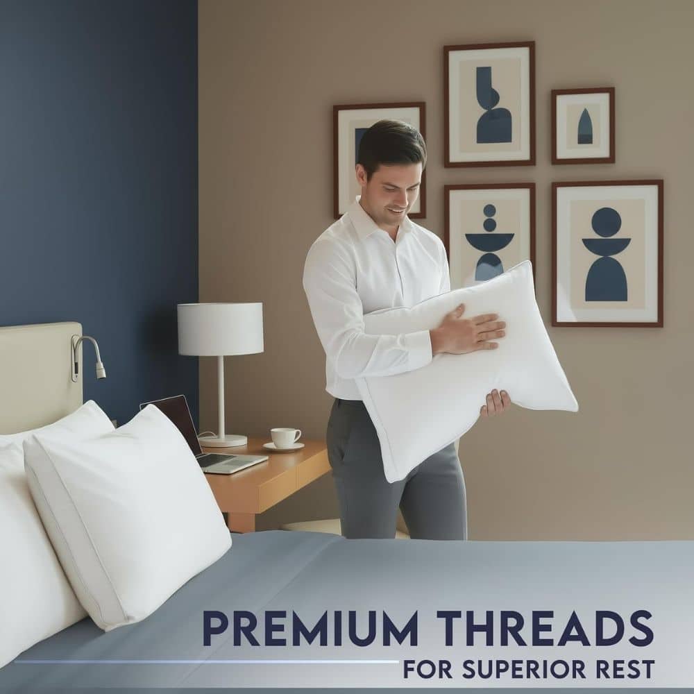 Man in a white shirt fluffing a white pillow on a neatly made hotel bed; beige wall with framed abstract art; caption reads 'Premium Threads for Superior Rest'.