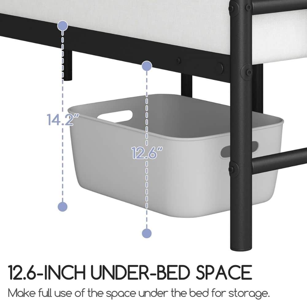 Under-bed storage basket placed under a bed frame, illustrating available clearance (about 14.2 inches high and 12.6 inches deep).