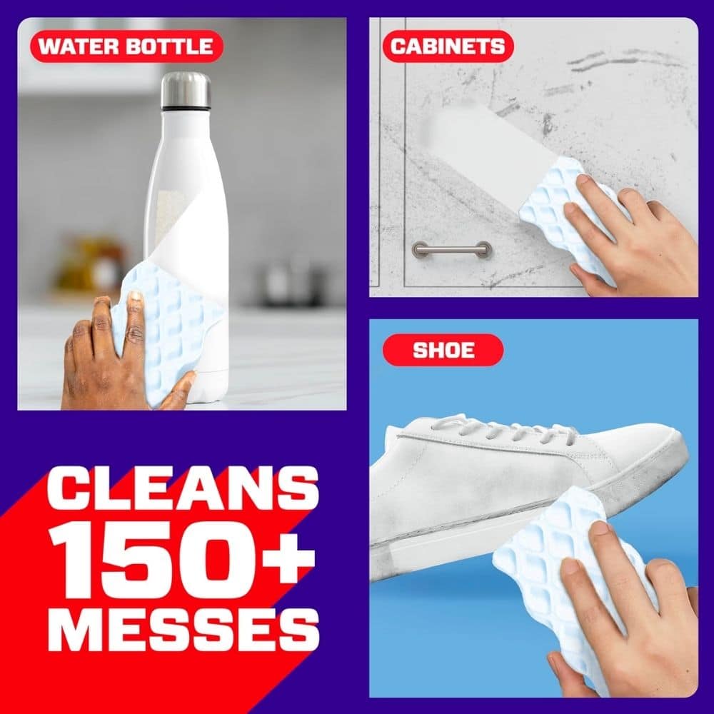 Collage showing blue cleaning cloths being used on a white water bottle, a cabinet door, and a white sneaker; text overlays read WATER BOTTLE, CABINETS, SHOE and a red banner that says CLEANS 150+ MESSES.