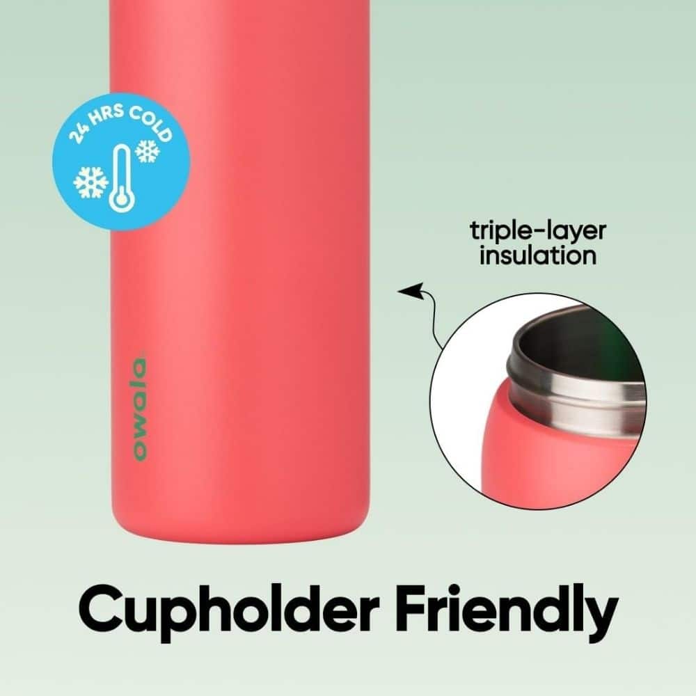 Pink insulated bottle featuring triple-layer insulation with a blue '24 HRS COLD' badge; bottom text reads 'Cupholder Friendly'.