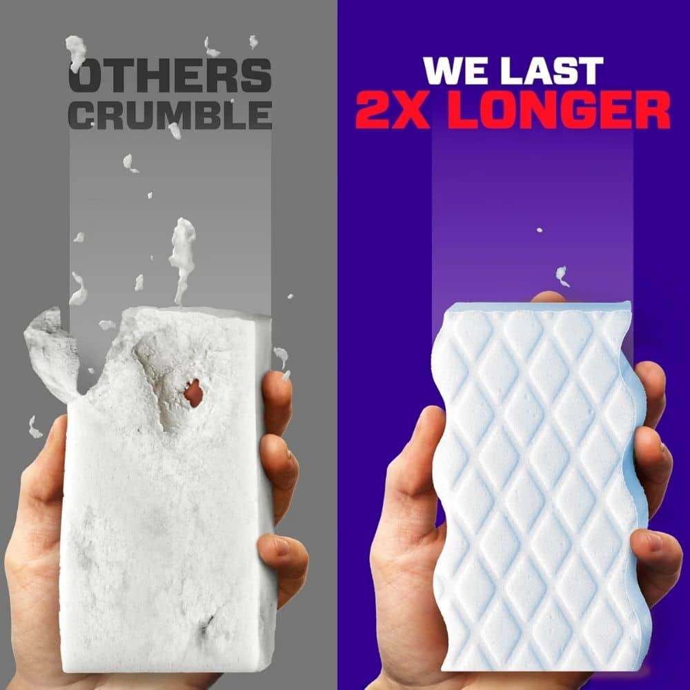 Side-by-side ad: left shows a hand crushing a white block labeled 'OTHERS CRUMBLE' on gray; right shows a hand holding a white quilted wipe with 'WE LAST 2X LONGER' on a purple background.