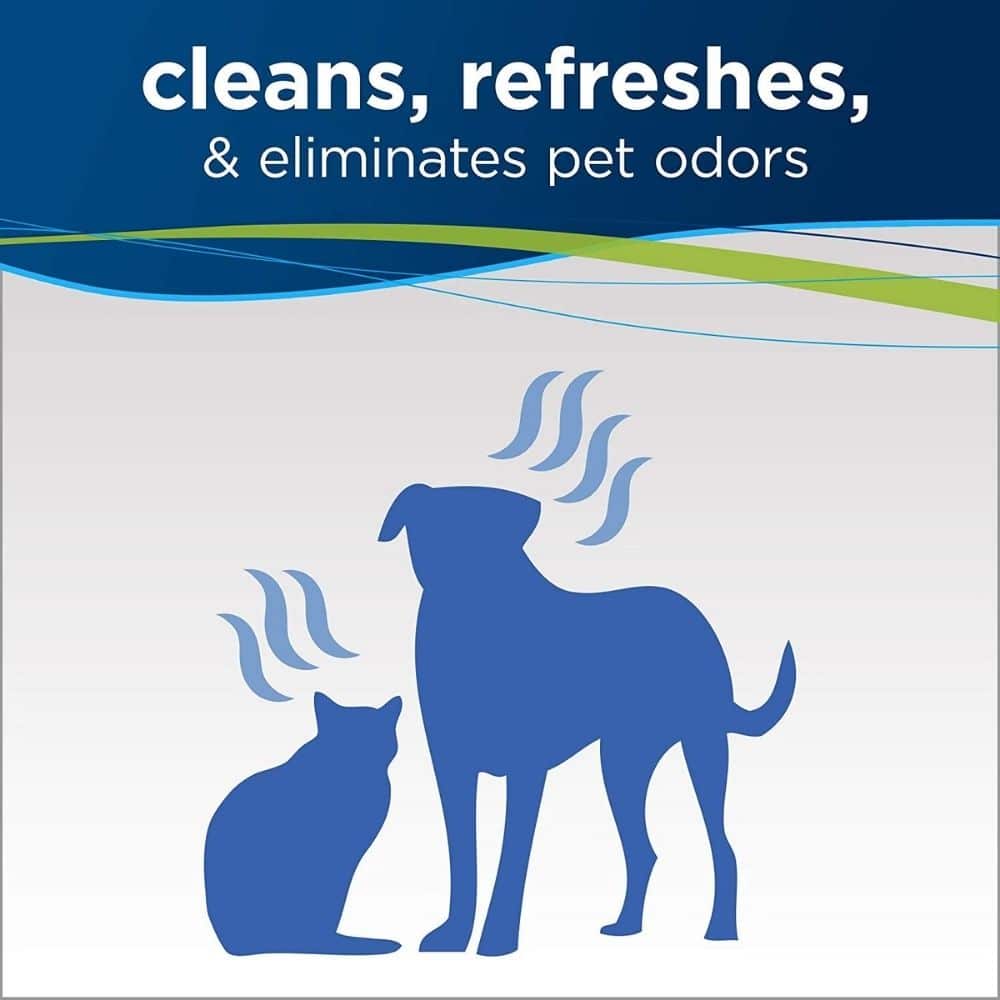 Banner reads 'cleans, refreshes, & eliminates pet odors' with blue dog and cat silhouettes emitting steam, promoting a pet-odor eliminator.