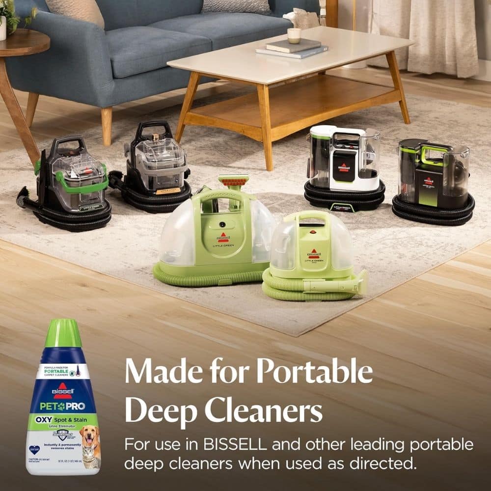 Living room scene with several portable carpet cleaners arranged on a rug, advertising BISSELL deep cleaning machines and solution.