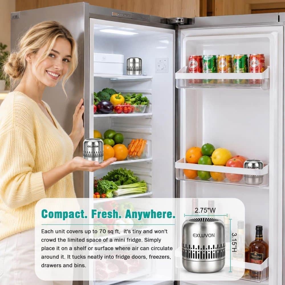 Smiling woman stands beside an open fridge showing a compact portable cooling unit inside and on the door, with fresh produce nearby.