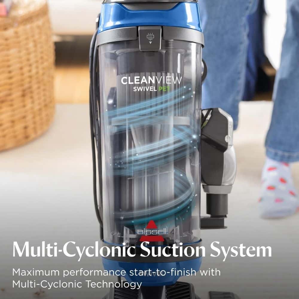 Bagless upright vacuum labeled CleanView Swivel Pet showing a multi-cyclonic suction system (Bissell) for pet cleaning.