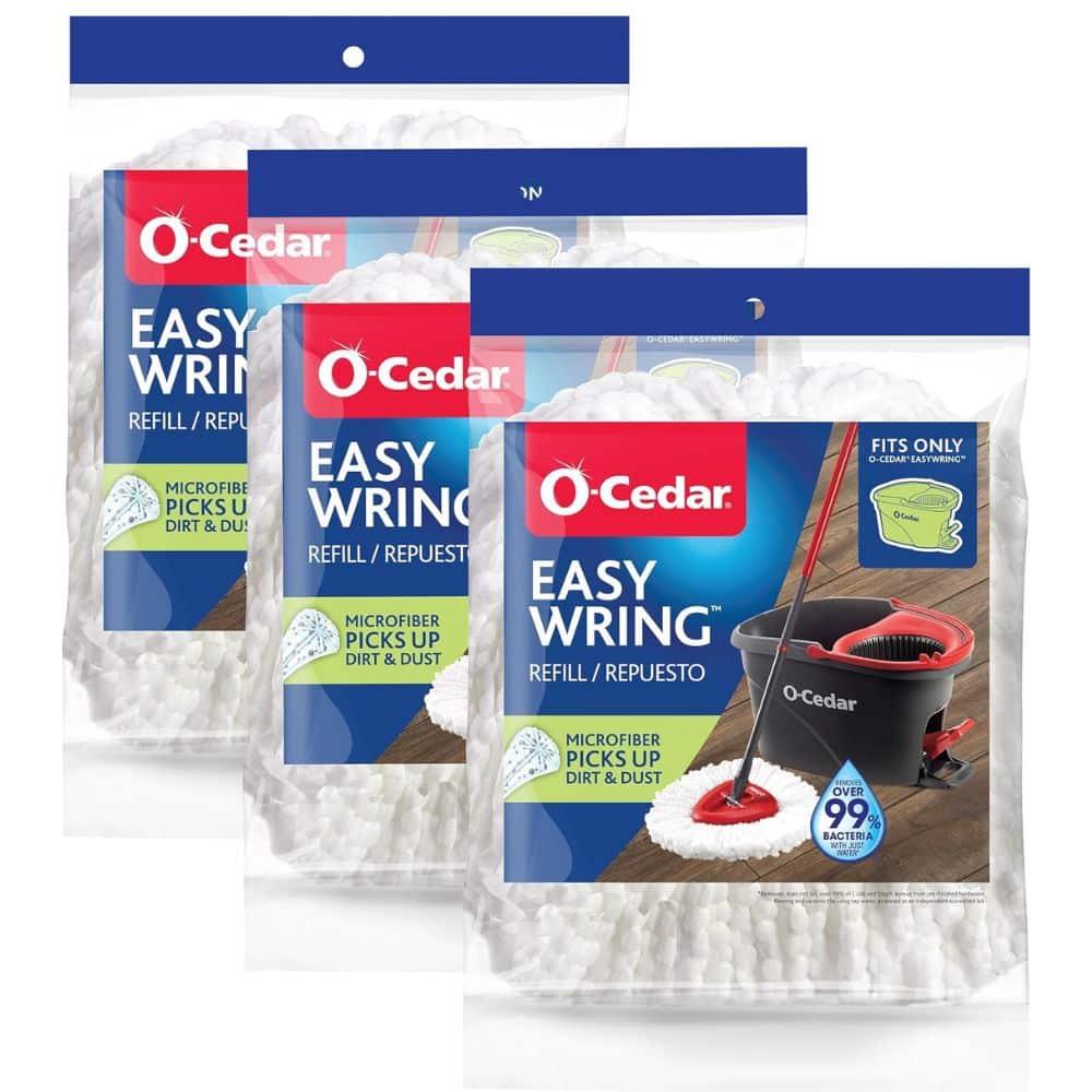 Three packs of O-Cedar EasyWring microfiber mop refills in blue and red packaging sold as refill/repuesto items.