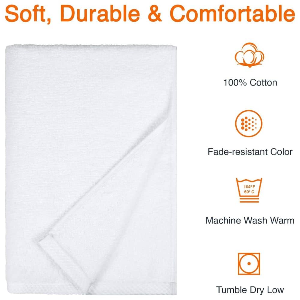 White towel with orange feature icons: 100% cotton, fade-resistant color, machine wash warm, tumble dry low; tagline 'Soft, Durable & Comfortable' above.
