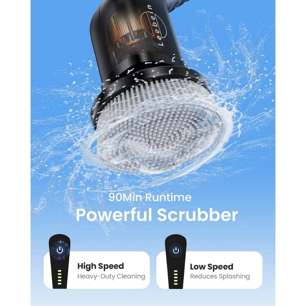 Close-up of a cordless handheld scrubber with water splash, featuring text: '90Min Runtime Powerful Scrubber' and two mode options: High Speed (Heavy-Duty Cleaning) and Low Speed (Reduces Splashing).