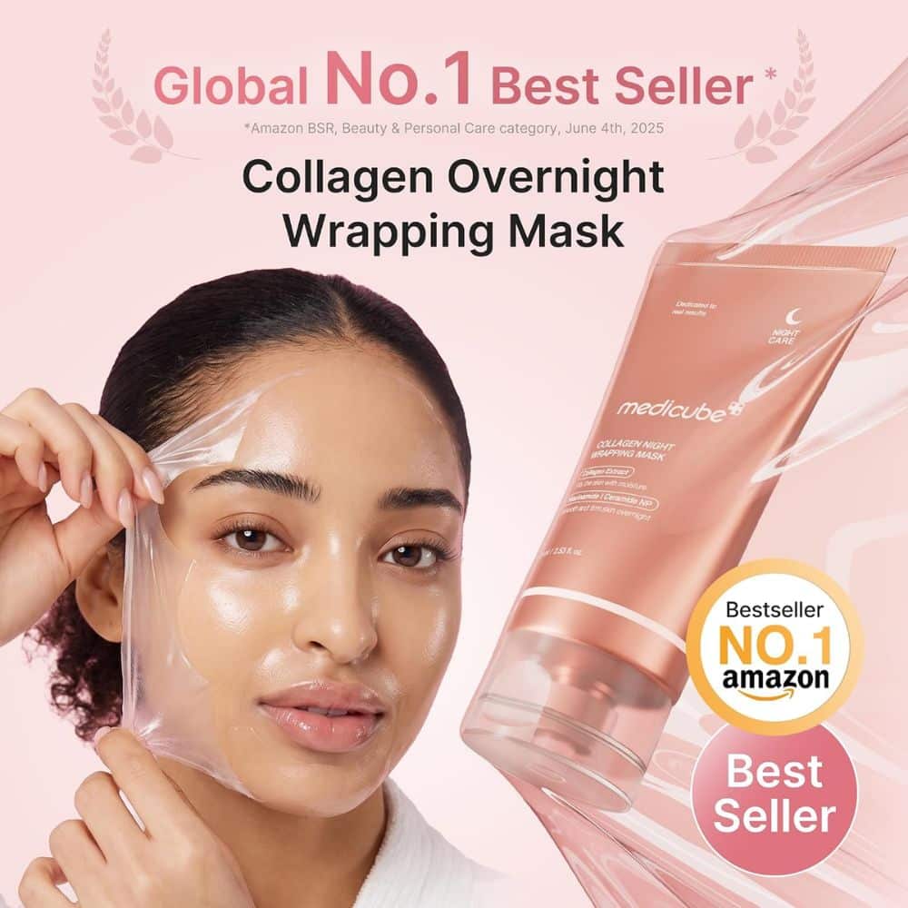 Promo image for Medicube Collagen Night Wrapping Mask: model holding a clear sheet mask up to her face with pink product tube and 'Best Seller' badges in the background.