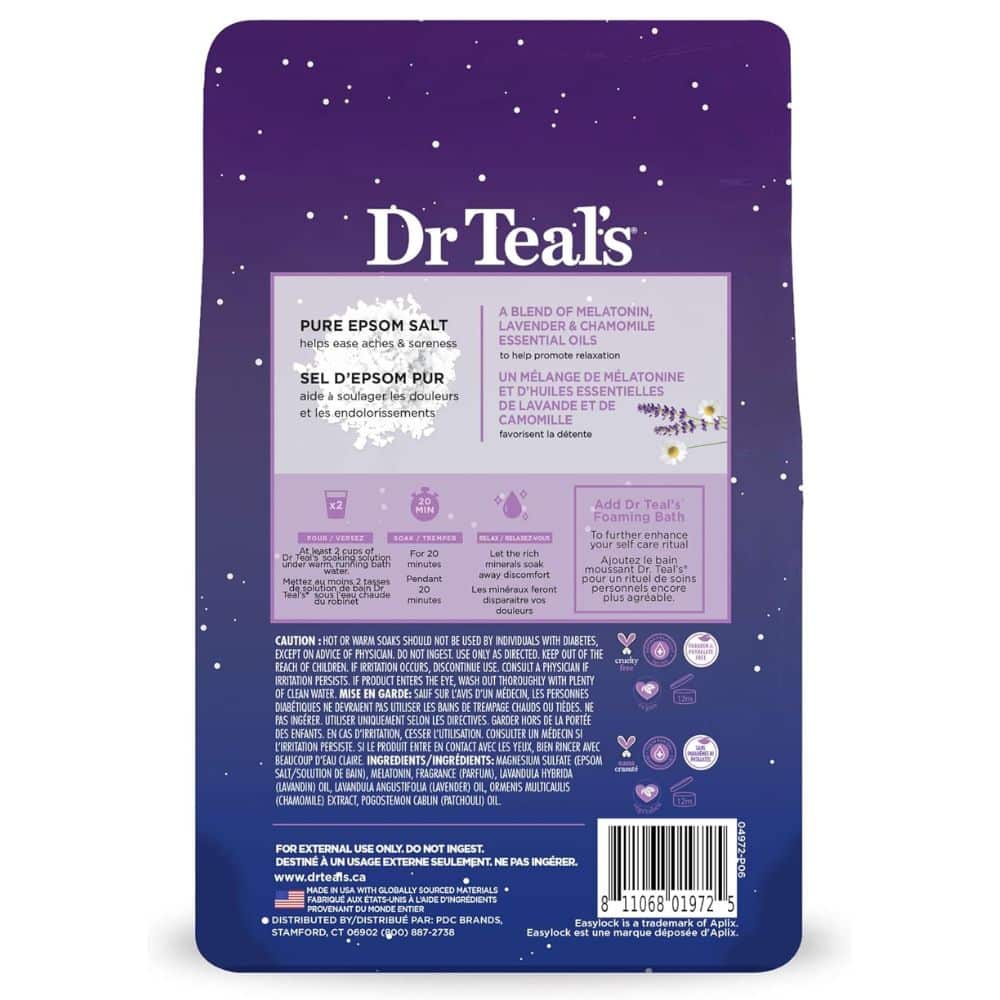 Dr Teal's bath product packaging back panel with purple gradient and white stars, showing ingredients box and usage instructions (barcode at bottom).