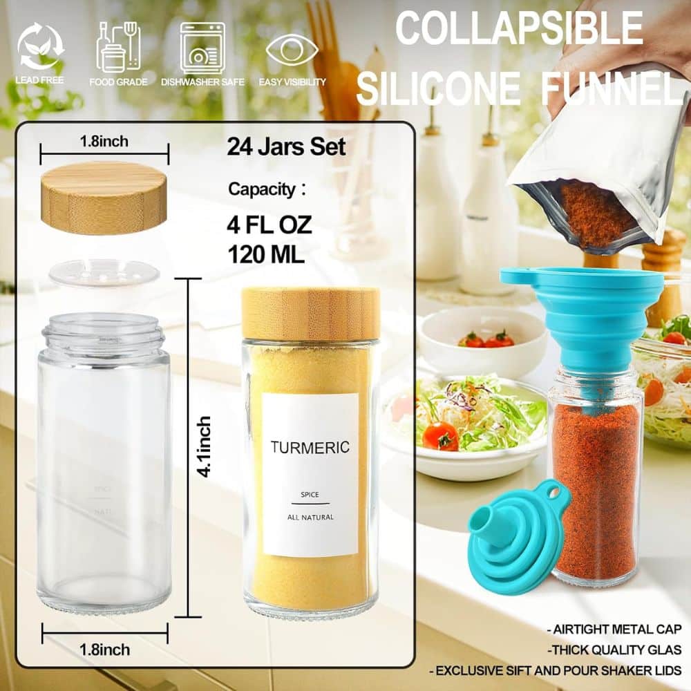 Infographic showing a collapsible silicone funnel kit with 24 jars, 4 oz (120 ml) capacity, and labeled dimensions for mini spice jars.
