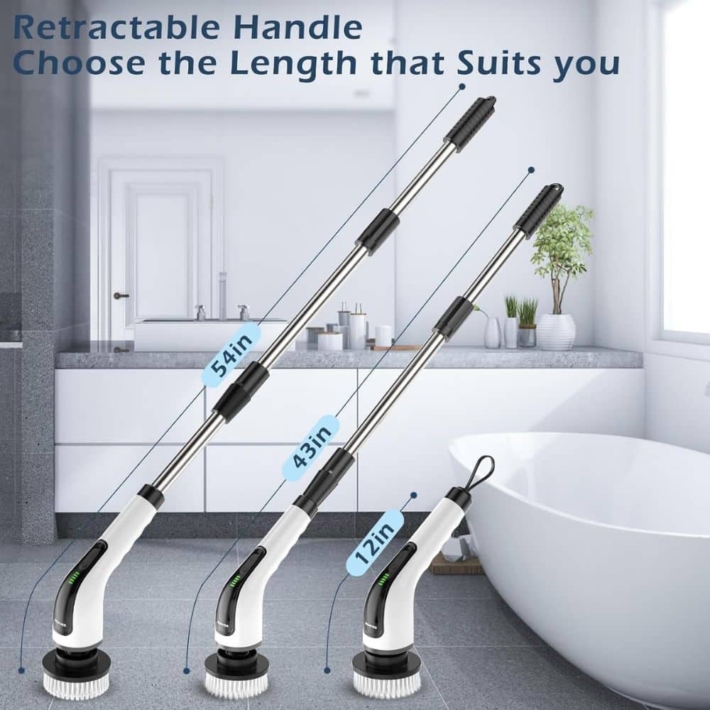 Three extendable cleaning wands with rotating brush heads in a bathroom, showing length labels 12in, 43in, and 54in.