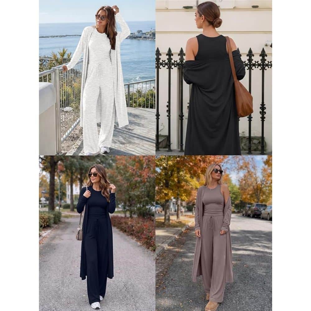 Collage of four women modeling long, wide-leg jumpsuits in white, black, navy, and taupe with accessories outdoors.