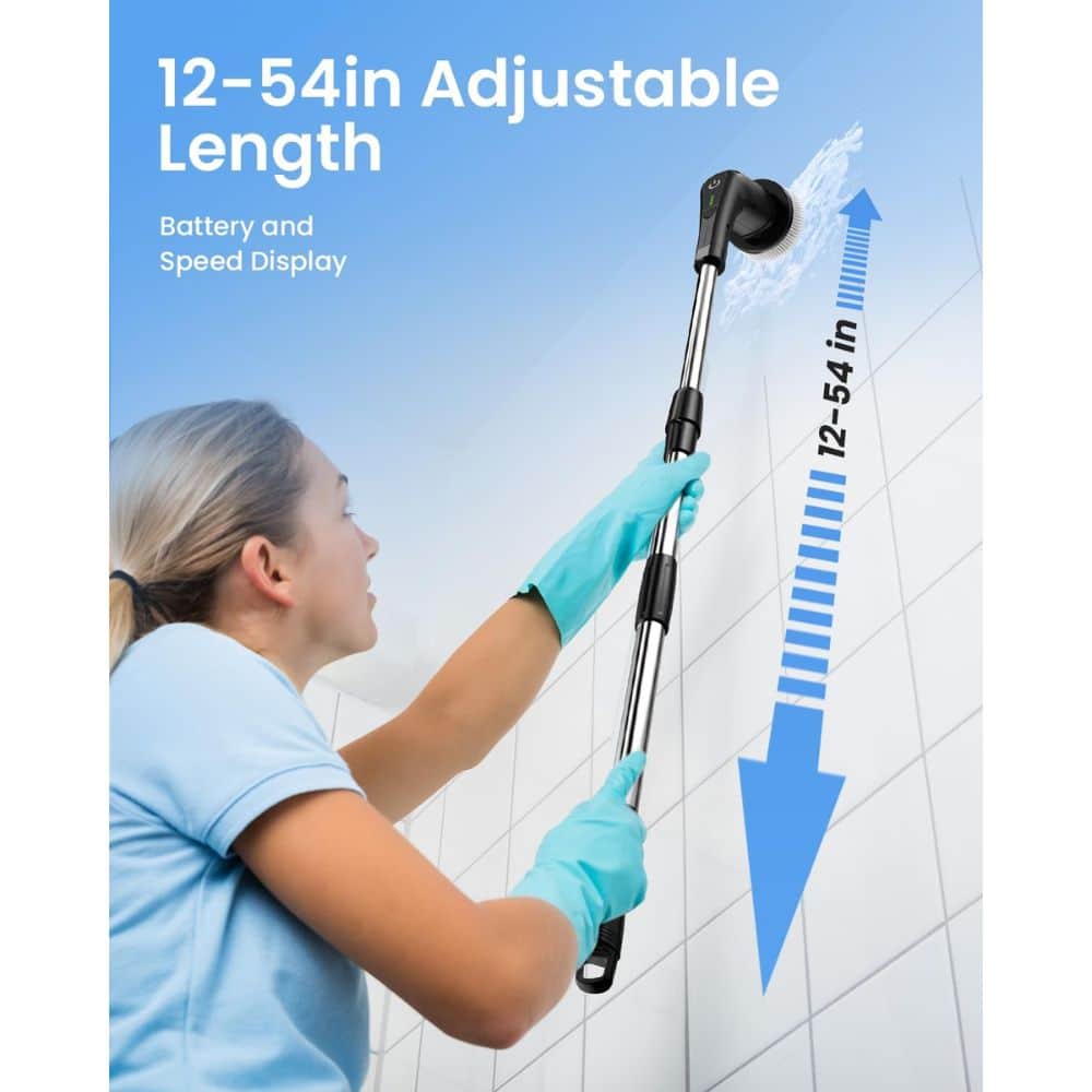 Person wearing teal gloves extends a telescoping cleaning pole to clean a tall window; shows 12-54 inch adjustable length graphic with a blue background edge.