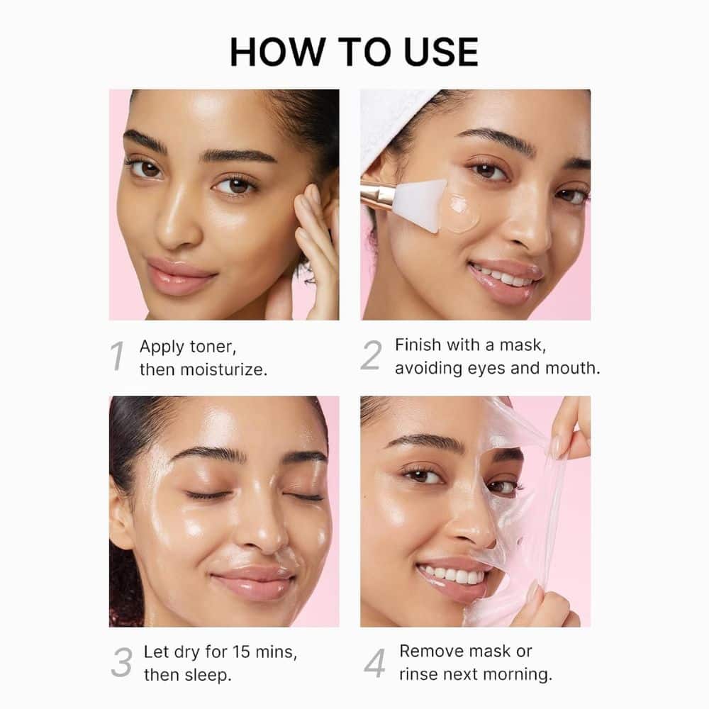 Close-up of a woman applying toner to her face with a calm expression, pink background.
