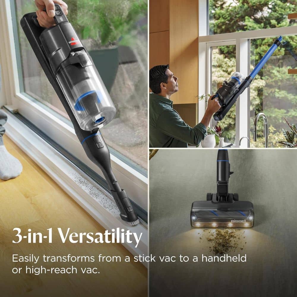 Collage of a 3-in-1 Bissell stick vacuum shown in handheld, stick, and high-reach modes for versatile cleaning.
