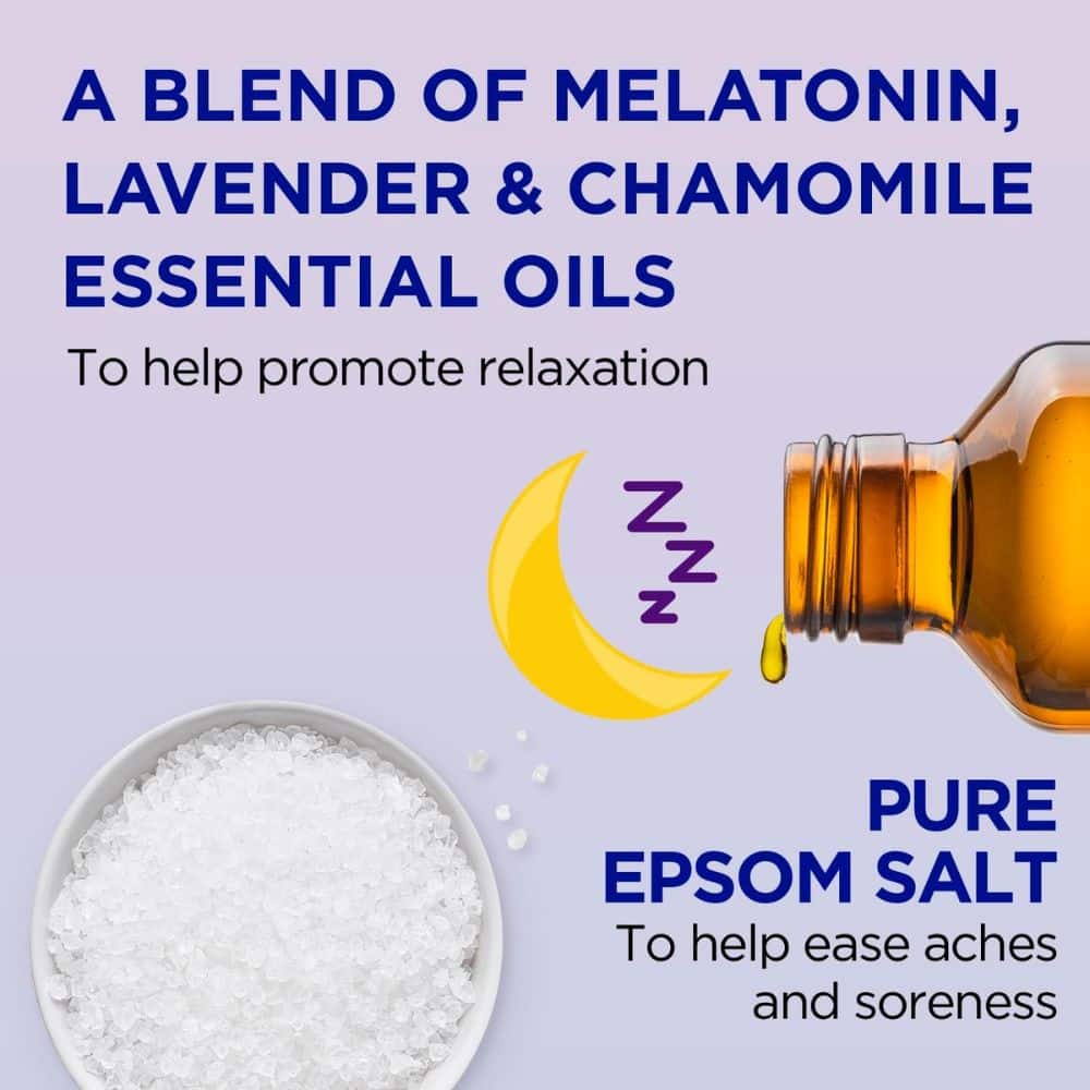 Relaxation product showing a melatonin, lavender, chamomile essential oil blend with epsom salt; oil bottle pours beside a bowl of salt