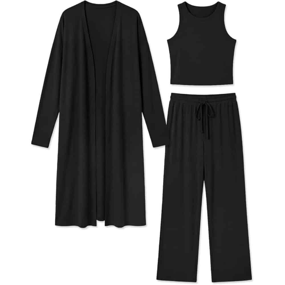 All-black matching loungewear set: an open-front cardigan, a sleeveless crop top, and wide-leg drawstring pants.