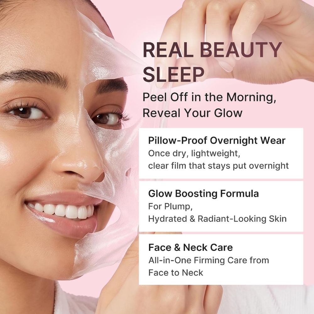 Woman peeling off a translucent facial mask on a pink background with skincare product headlines: Real Beauty Sleep and three product descriptions.