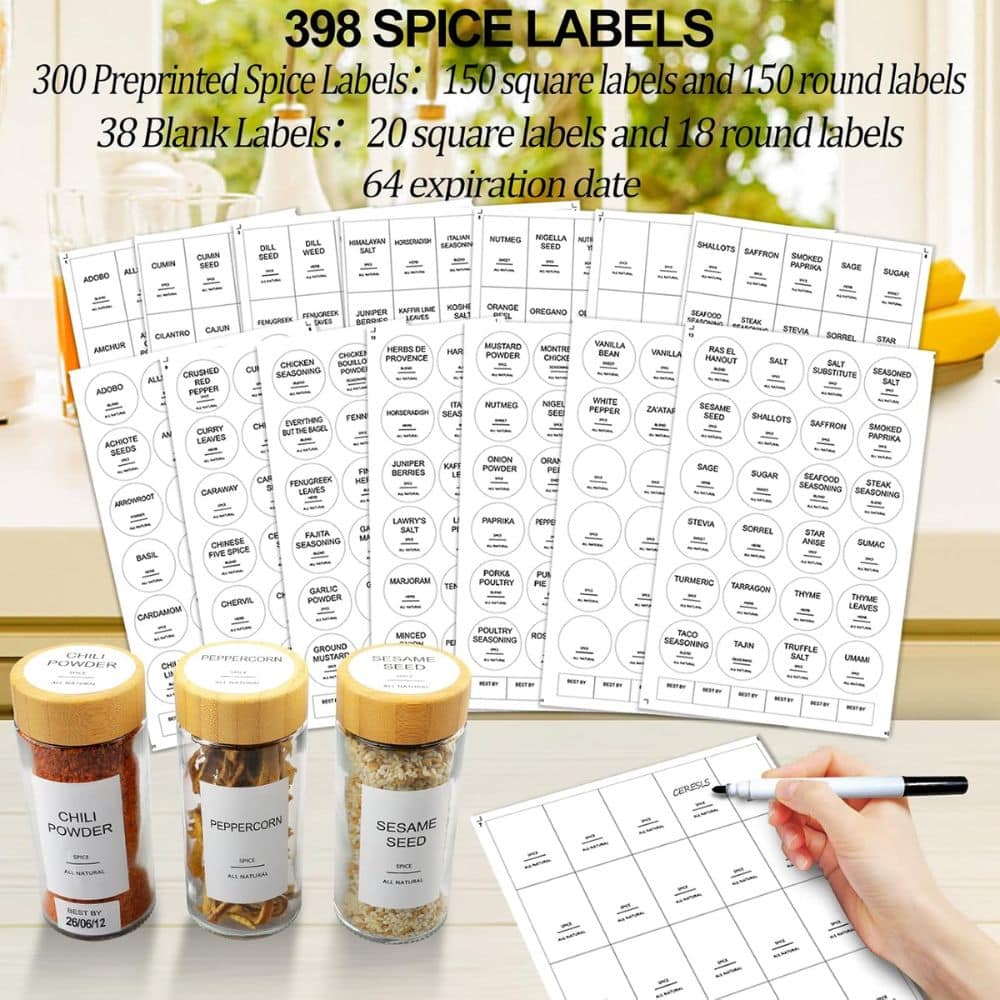 Set of white spice-label sheets displayed with three labeled jars (chili powder, peppercorn, sesame seed) on a kitchen counter.