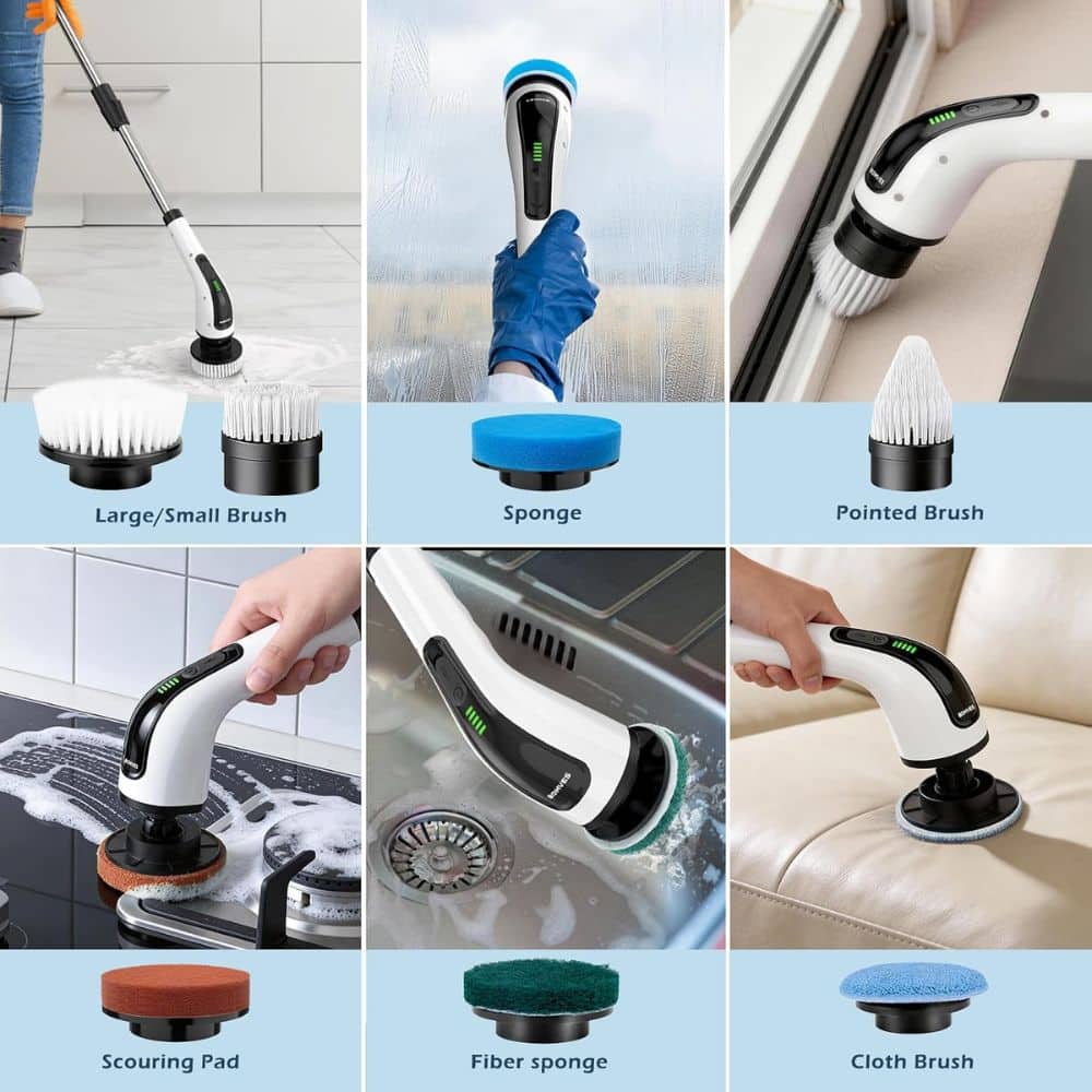 Collage of a multifunctional electric cleaning tool with various interchangeable brushes and pads for kitchen, bathroom, and upholstery cleaning.