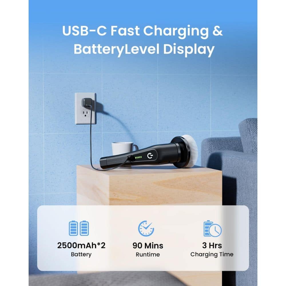 USB-C fast charger on a block; overlay shows 2500mAh×2 battery, 90 min runtime, and 3 hr charging time.