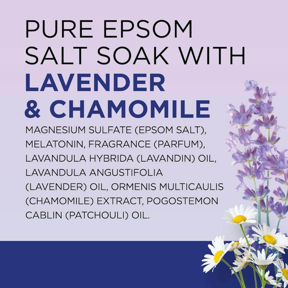Label advertising lavender and chamomile Epsom salt soak; large bold text, ingredient list, with lavender sprigs and daisies on the right.