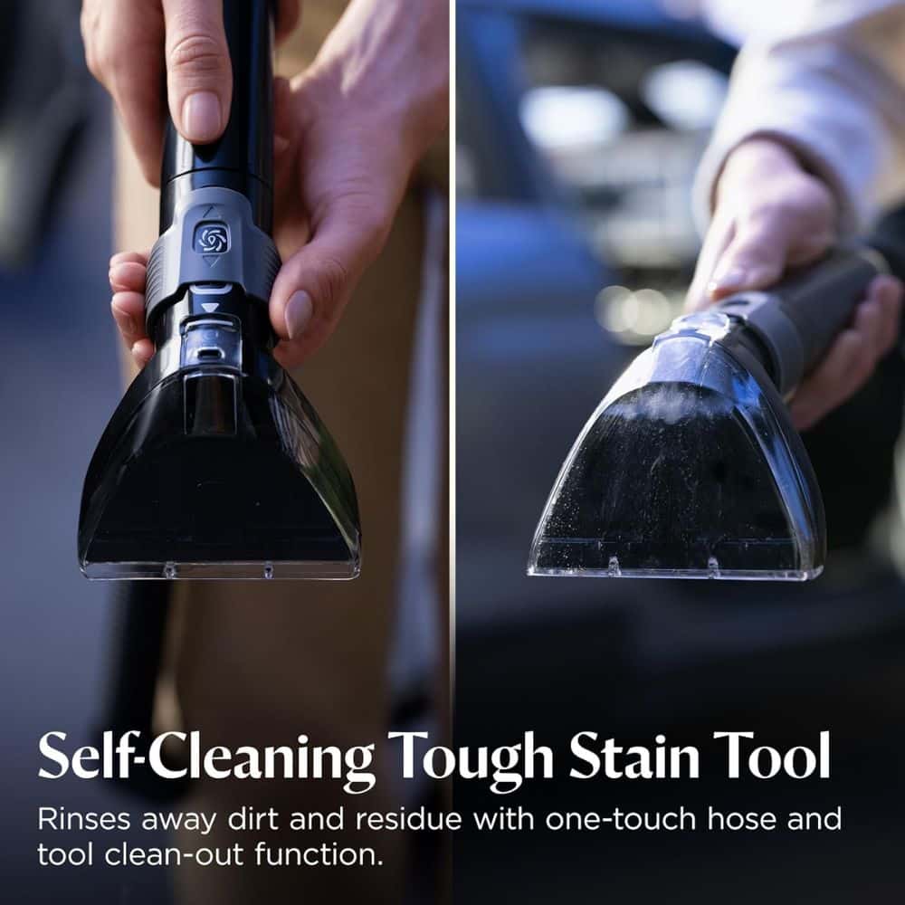 Dual-shot view of a self-cleaning stain tool being held on a car, highlighting the spray nozzle and one-touch hose function for dirt removal