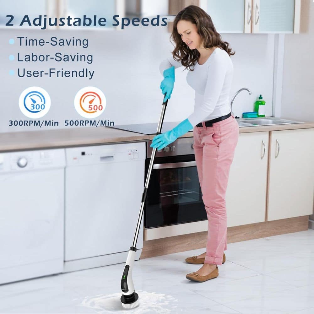 Woman mopping a kitchen floor with a steam mop; on-screen text highlights two adjustable speeds and RPM presets (300 RPM and 500 RPM).