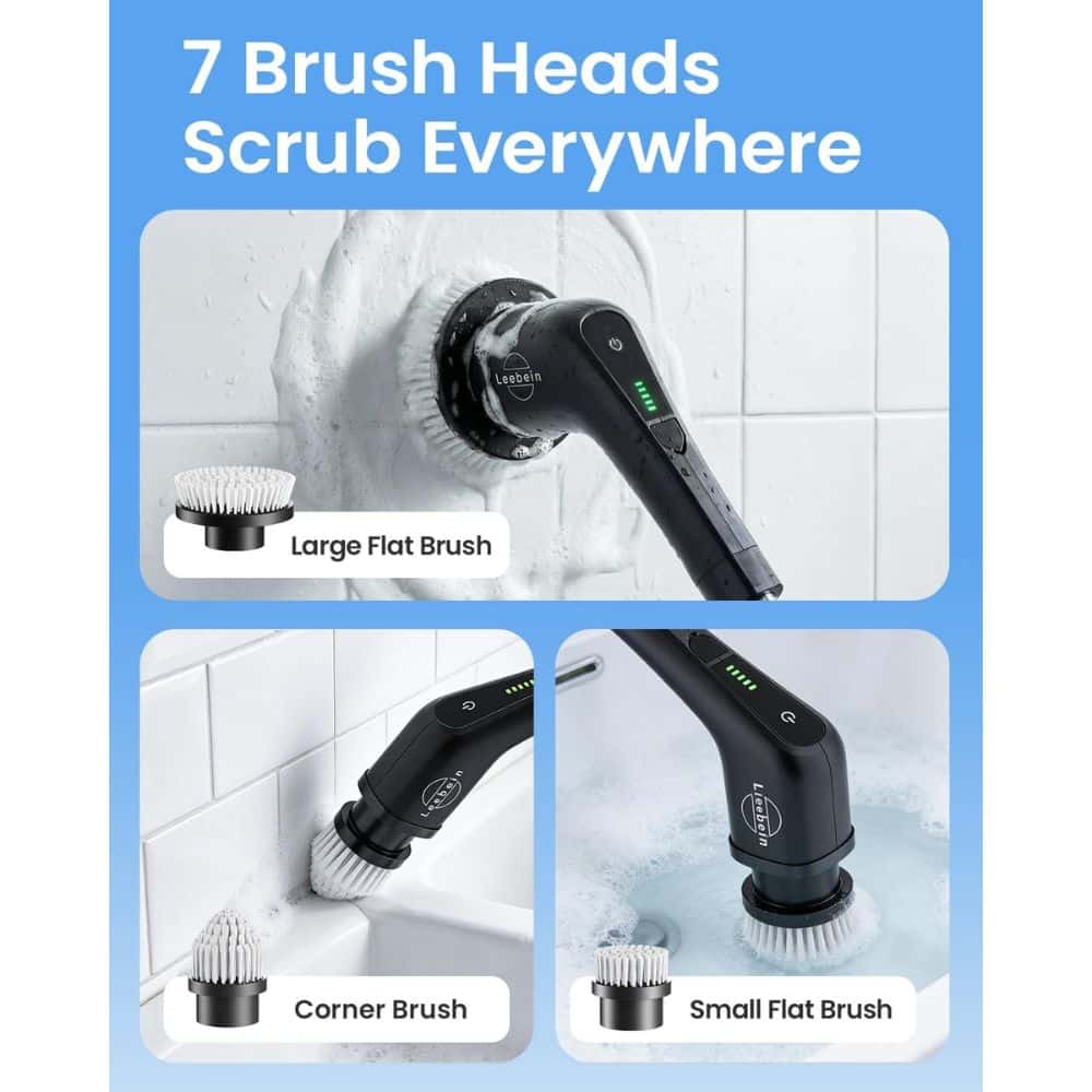 Blue product infographic showing three brush heads for a handheld cleaner: Large Flat Brush for tiles, Corner Brush for corners, Small Flat Brush for baths with labels beneath each image