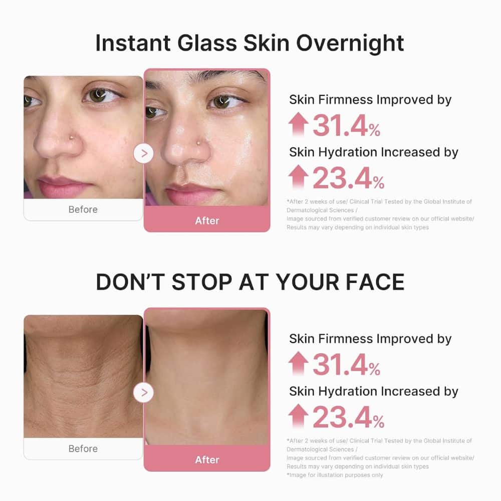 Infographic ad: 'Instant Glass Skin Overnight' with before/after facial photos showing claimed improvements in skin firmness and hydration.