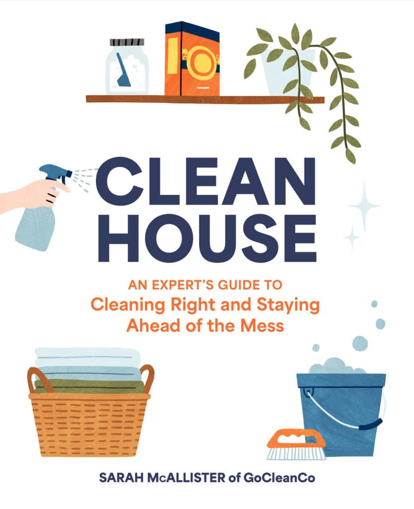 Book cover showing cleaning supplies (spray bottle, box of detergent, plant) and the title CLEAN HOUSE, suggesting a guide to cleaning and organizing.